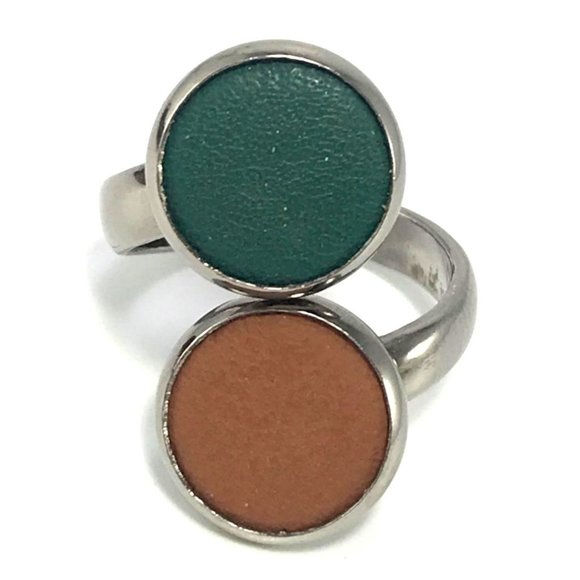 Silver Tone Leather Disc Statement Ring Adjustable Teal and Brown - Picture 3 of 6